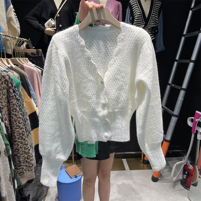 Naiste vabaaja nööpide ja pikkade varrukatega lühike kardigan