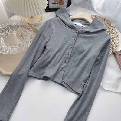 Casual γυναικεία ζακέτα με κουμπιά και κουκούλα