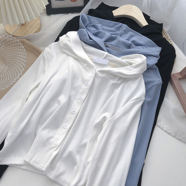 Casual γυναικεία ζακέτα με κουμπιά και κουκούλα