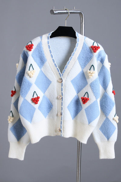 Sinine nööpide ja spitsikaelusega naiste kardigan