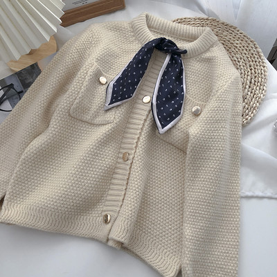 Γυναικεία πλεκτή ζακέτα με κορδέλα στο γιακά