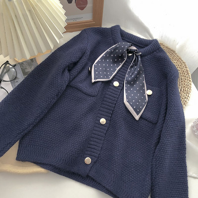 Γυναικεία πλεκτή ζακέτα με κορδέλα στο γιακά