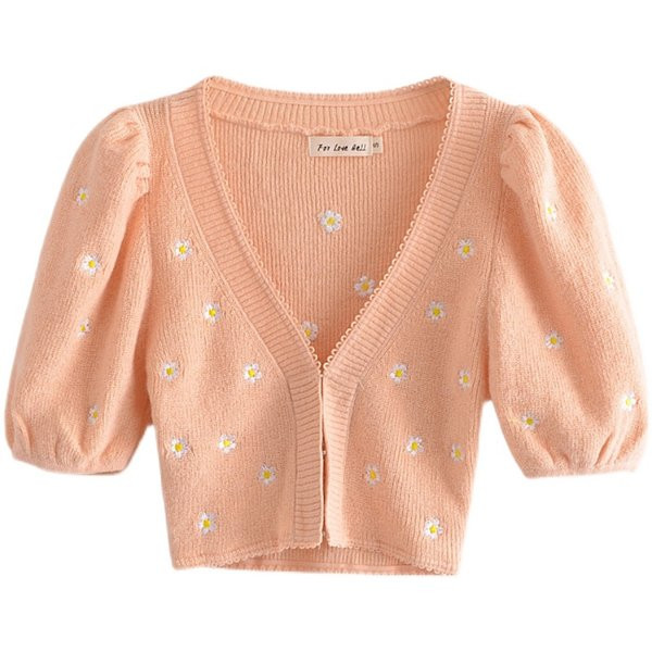 Lühike kootud vest lilltikandi ja spitsikaelusega