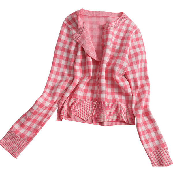 Ruuduline kardigan nööpide ja ümara kaelusega