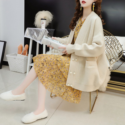 Γυναικεία φαρδύ ζακέτα με τσέπες και μακριά μανίκια