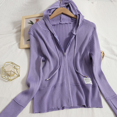 Cardigan casual de damă din catifea, cu glugă