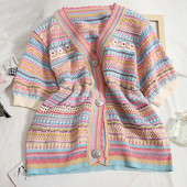 Vestă colorată cu mâneci scurte și decolteu spitz pentru femei