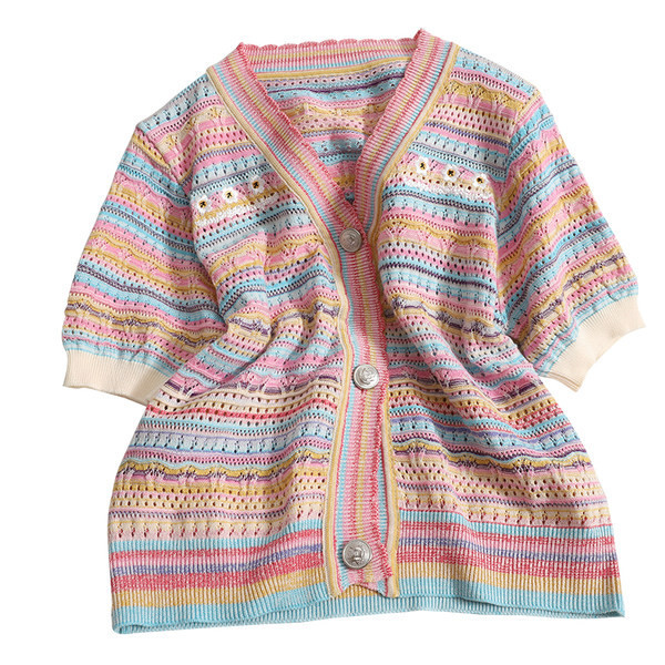 Vestă colorată cu mâneci scurte și decolteu spitz pentru femei