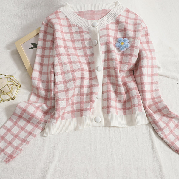 Μοντέρνα γυναικεία καρό ζακέτα με μακριά μανίκια