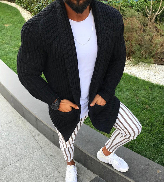 Moodne meeste taskutega pikk kardigan