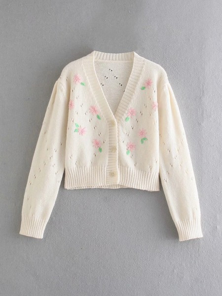 Női kötött kardigán hímzett virágokkal
