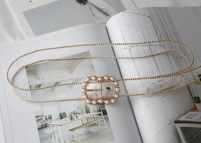 Γυναικεία διάφανη ζώνη με πέρλες και τετράγωνη αγκράφα