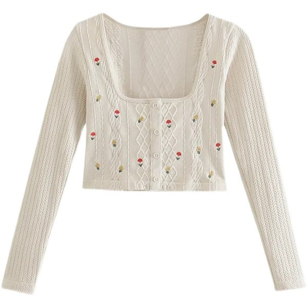 Cardigan scurt cu flori brodate și decolteu pătrat