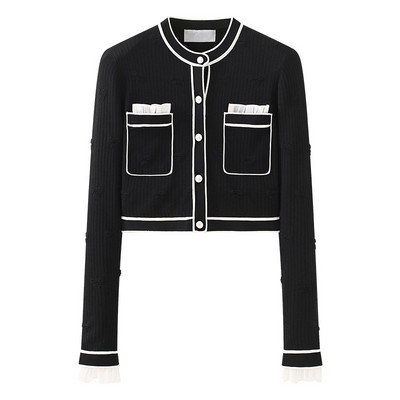 Moodne naiste lühike kardigan nööbi ja taskutega