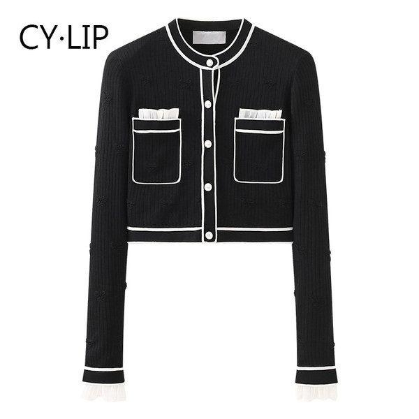 Moodne naiste lühike kardigan nööbi ja taskutega