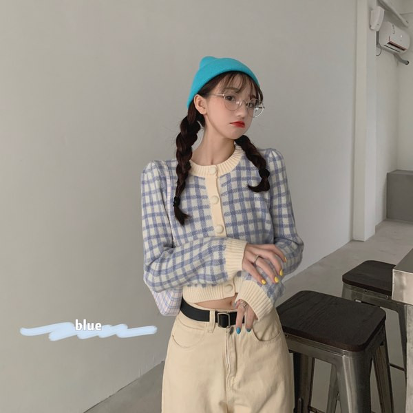 Praegune naiste lühike ruuduline vest ovaalse kaelusega