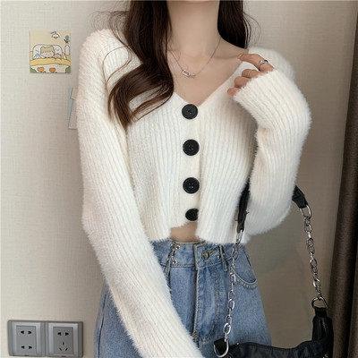 Moodne naiste lühike kardigan nööpide ja spitsikaelusega