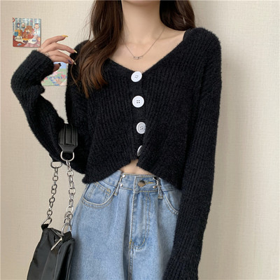 Moodne naiste lühike kardigan nööpide ja spitsikaelusega