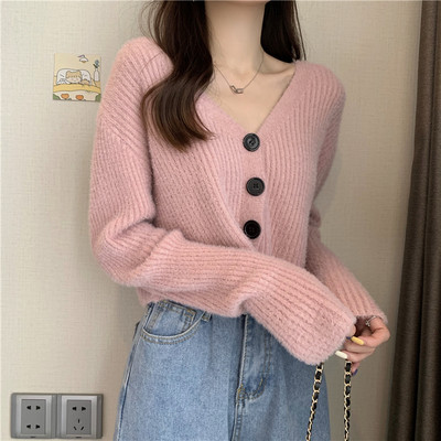 Moodne naiste lühike kardigan nööpide ja spitsikaelusega