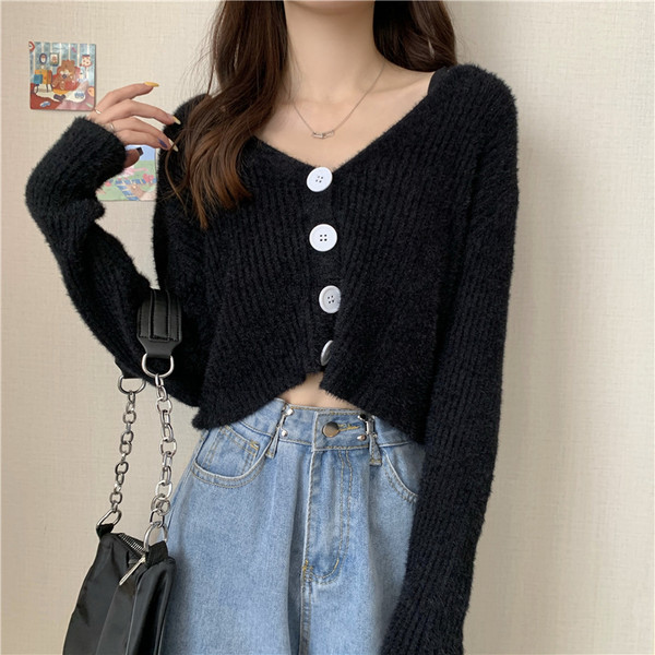 Moodne naiste lühike kardigan nööpide ja spitsikaelusega