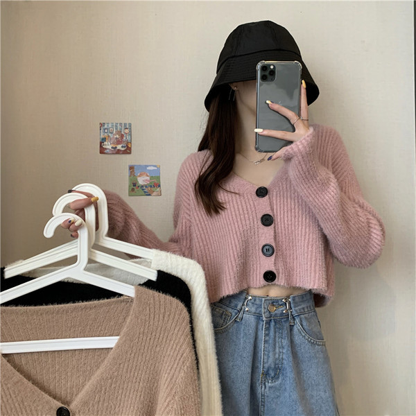 Moodne naiste lühike kardigan nööpide ja spitsikaelusega