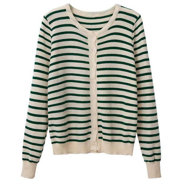 Moodne naiste triibuline vest nööpide ja ovaalse kaelusega