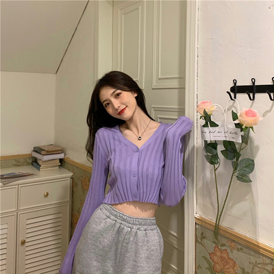 Casual γυναικεία κοντή ζακέτα με λαιμόκοψη και μακριά μανίκια