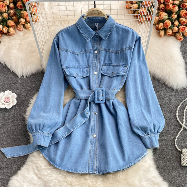 Naiste teksajakk vöö ja taskutega