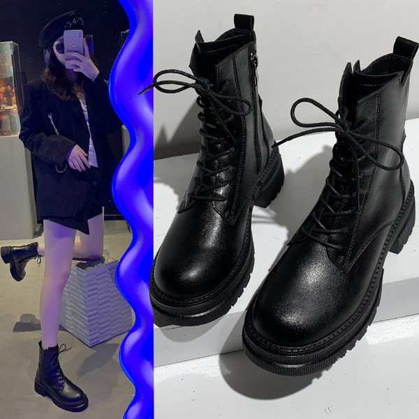 Öko bőrből készült fekete női csizma durva talppal