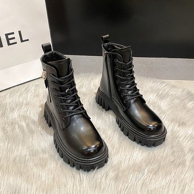 Ženske čizme od eko kože sa grubim đonom i vezicama