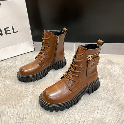 Ženske čizme od eko kože sa grubim đonom i vezicama