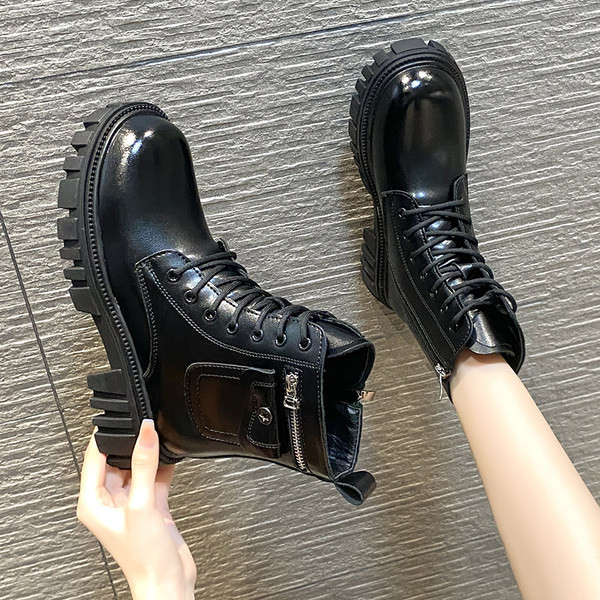 Ženske čizme od eko kože sa grubim đonom i vezicama