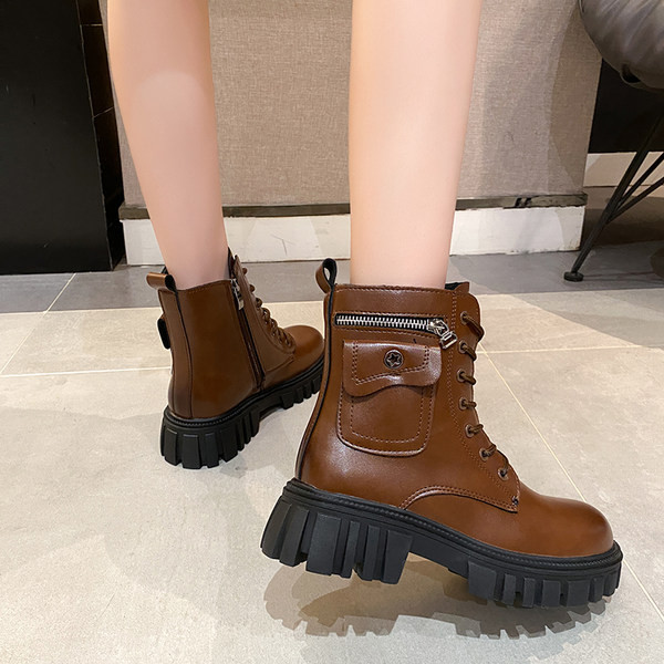 Ženske čizme od eko kože sa grubim đonom i vezicama