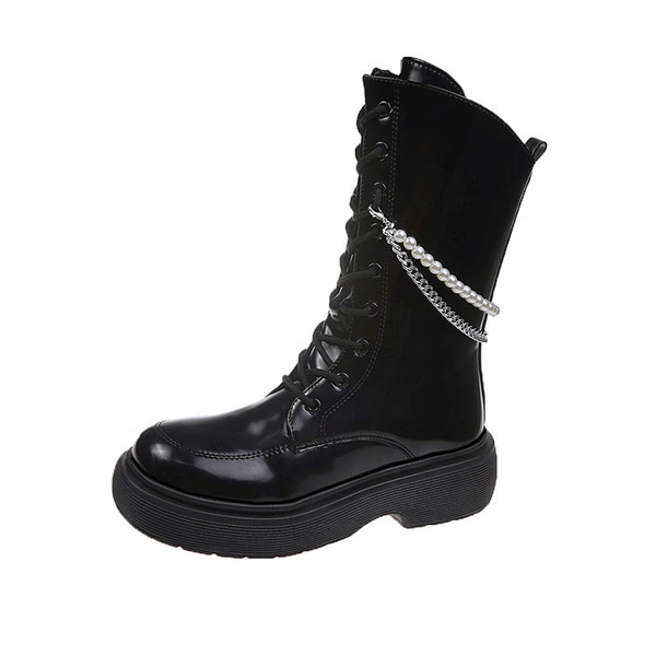Γυναικείες μπότες από λουστρίνι με φερμουάρ και κορδόνια