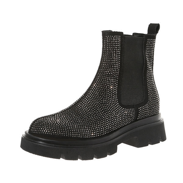 Модерни дамски боти с декоративни камъни и равна подметка