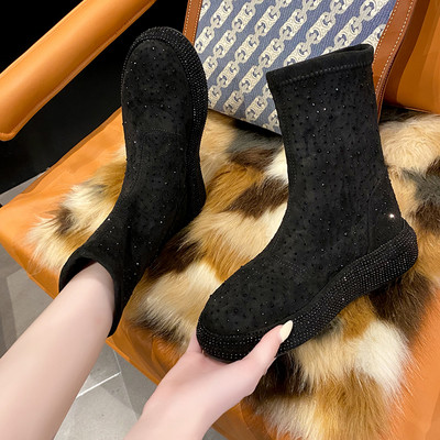 Модерни дамски боти от еко велур с декоративни камъни