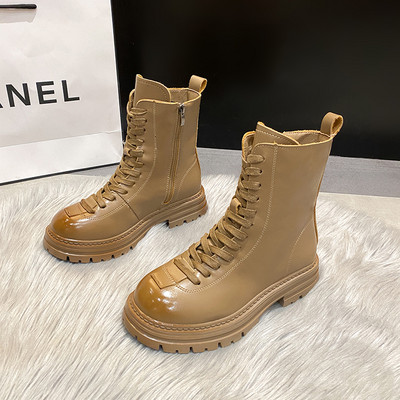 Ženske kožne čizme s vezicama i grubim potplatom