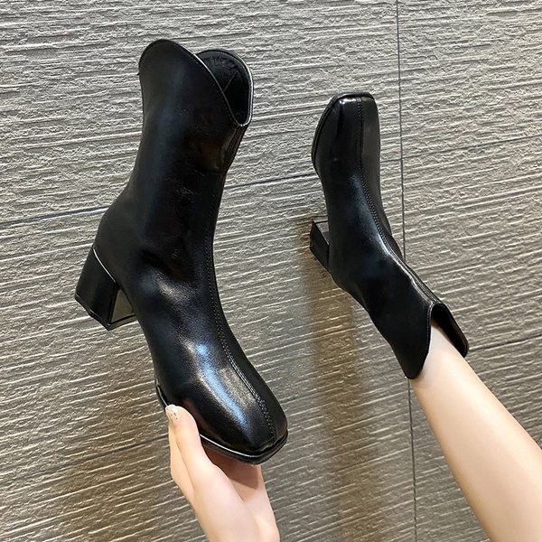 Cizme de dama din piele ecologica, model rotunjit cu toc