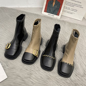 Ghete de dama moderne din piele cu catarama si lant metalic - doua modele