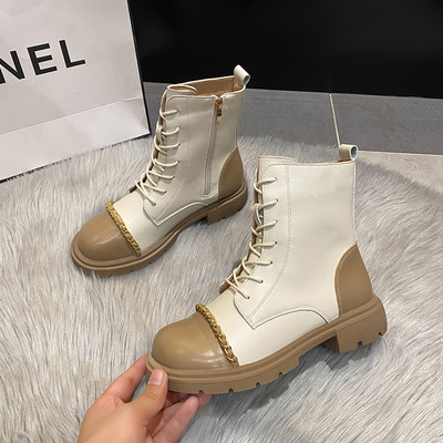 Moderne ženske čizme od eko kože sa metalnim lancem i patentnim zatvaračem