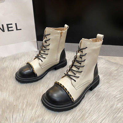 Moderne ženske čizme od eko kože sa metalnim lancem i patentnim zatvaračem