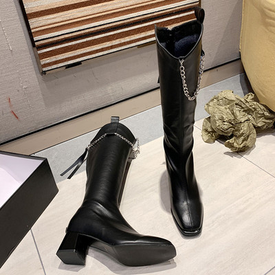 Moderne ženske čizme od eko kože sa četvrtastom petom od 5 cm