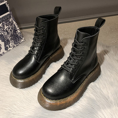 Ženske ležerne kožne čizme s vezicama i grubim potplatom