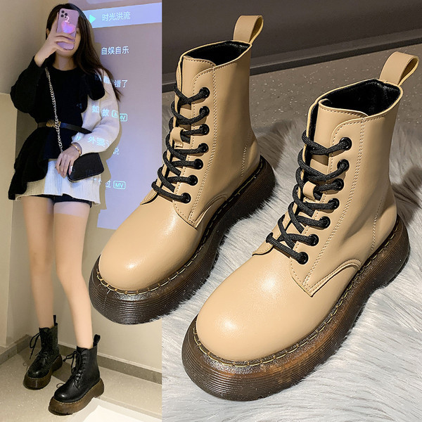 Ženske ležerne kožne čizme s vezicama i grubim potplatom