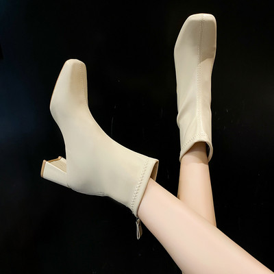 Дамски боти от текстил с дебел 6.5см ток