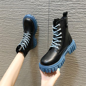 Ženske čizme od eko kože sa grubim đonom i vezicama