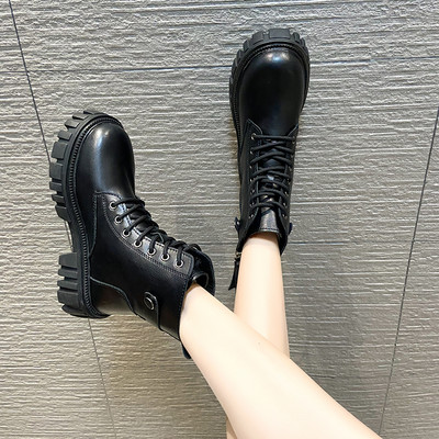 Ženske čizme od eko kože sa grubim đonom i vezicama