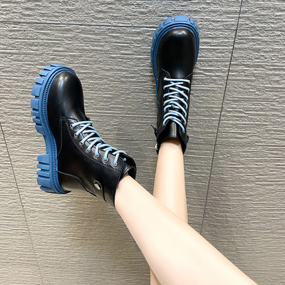 Ženske čizme od eko kože sa grubim đonom i vezicama