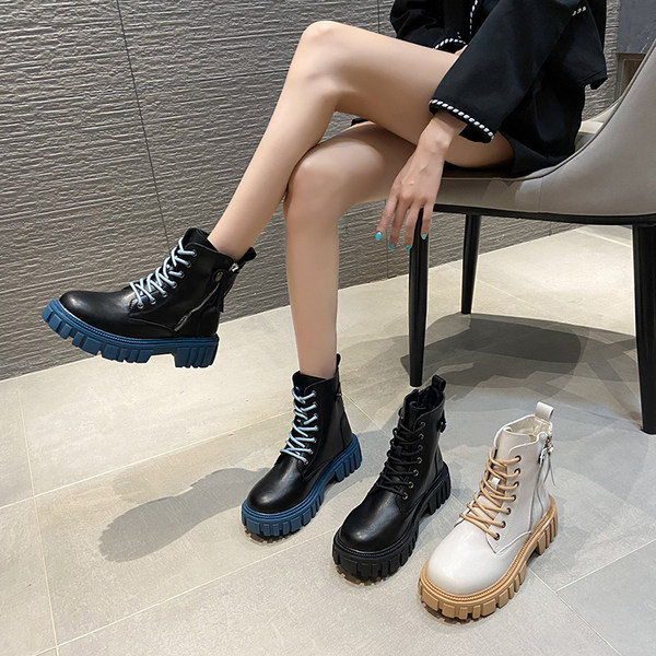 Ženske čizme od eko kože sa grubim đonom i vezicama