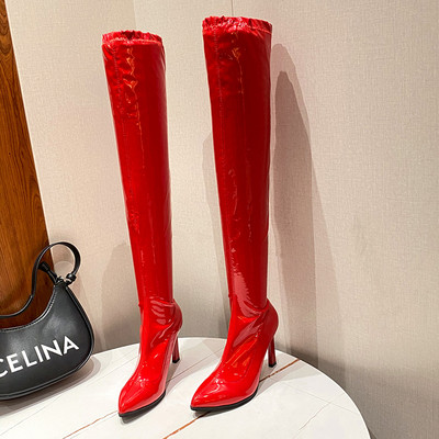 Stiilsed kõrge õhukese kontsaga naiste lakknahast saapad